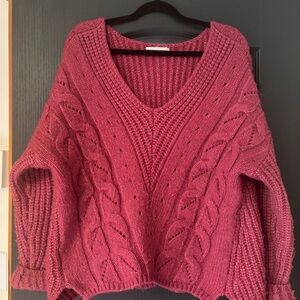 Anthropologie Cable-Knit V-Neck Sweater - Raspberry Pink